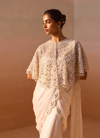 White Cape And Draped Sari Set by Nitika Gujral, available on Indiaspopup.com