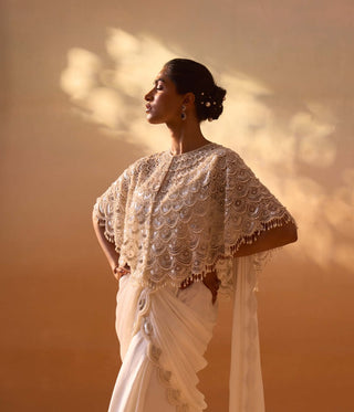 White Cape And Draped Sari Set by Nitika Gujral, available on Indiaspopup.com