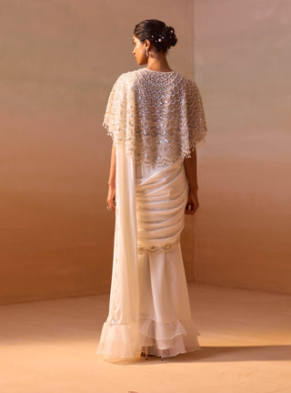 White Cape And Draped Sari Set by Nitika Gujral, available on Indiaspopup.com