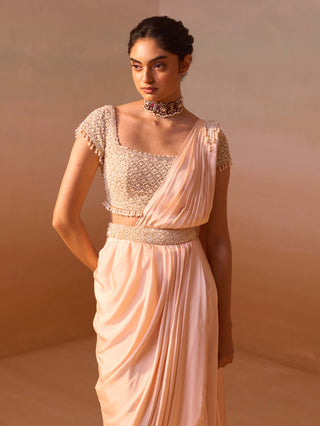 Peach Draped Sari And Blouse by Nitika Gujral, available on Indiaspopup.com