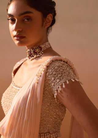 Peach Draped Sari And Blouse by Nitika Gujral, available on Indiaspopup.com