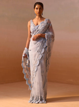 Powder Blue Sari And Blouse by Nitika Gujral, available on Indiaspopup.com