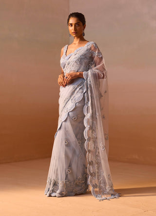 Powder Blue Sari And Blouse by Nitika Gujral, available on Indiaspopup.com