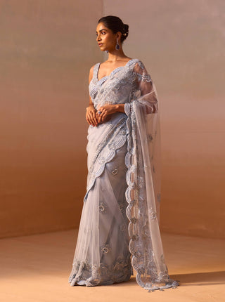 Powder Blue Sari And Blouse by Nitika Gujral, available on Indiaspopup.com