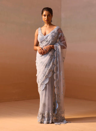 Powder Blue Sari And Blouse by Nitika Gujral, available on Indiaspopup.com