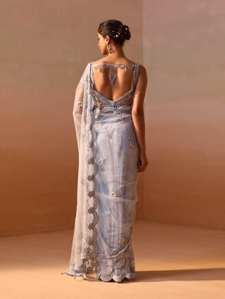 Powder Blue Sari And Blouse by Nitika Gujral, available on Indiaspopup.com