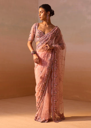 Rose Pink Sari And Blouse by Nitika Gujral, available on Indiaspopup.com