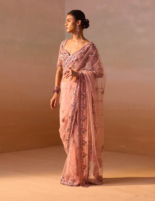 Rose Pink Sari And Blouse by Nitika Gujral, available on Indiaspopup.com