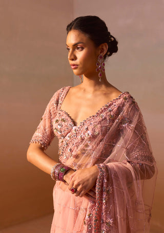 Rose Pink Sari And Blouse by Nitika Gujral, available on Indiaspopup.com