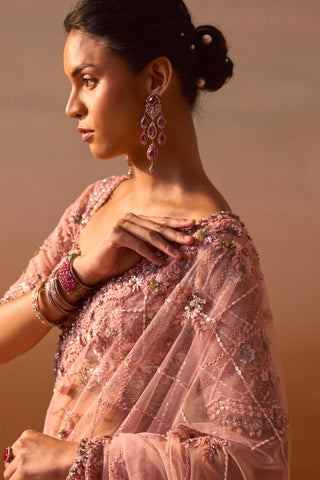 Rose Pink Sari And Blouse by Nitika Gujral, available on Indiaspopup.com