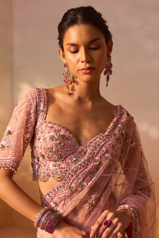 Rose Pink Sari And Blouse by Nitika Gujral, available on Indiaspopup.com