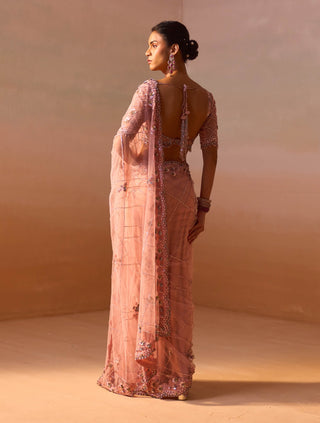 Rose Pink Sari And Blouse by Nitika Gujral, available on Indiaspopup.com