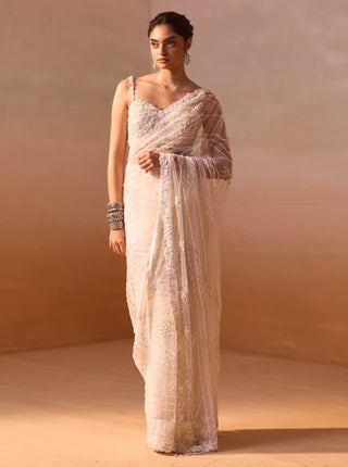 White Net Sari Set by Nitika Gujral, available on Indiaspopup.com