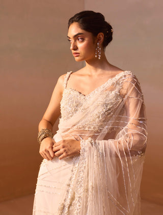 White Net Sari Set by Nitika Gujral, available on Indiaspopup.com