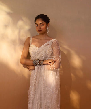 White Net Sari Set by Nitika Gujral, available on Indiaspopup.com