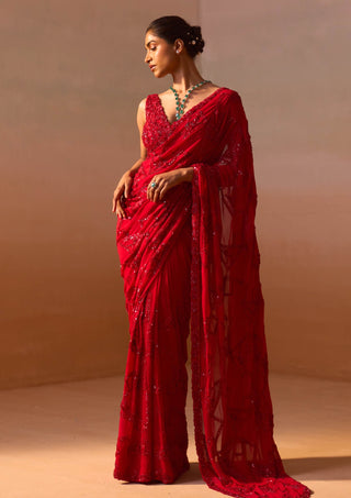 Red heavy georgette sari and blouse