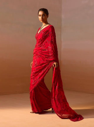 Red Heavy Georgette Sari And Blouse by Nitika Gujral, available on Indiaspopup.com