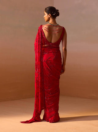 Red Heavy Georgette Sari And Blouse by Nitika Gujral, available on Indiaspopup.com