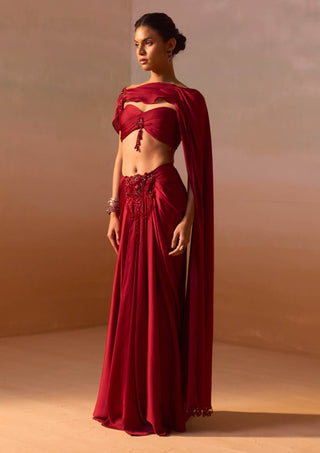 Maroon draped sari and blouse