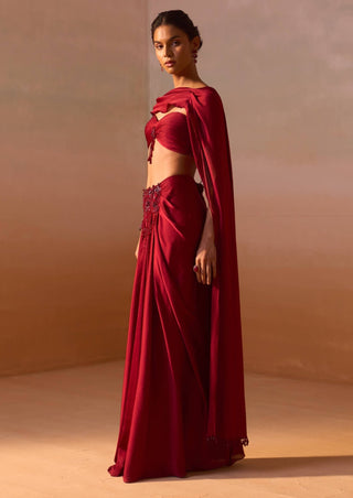 Maroon Draped Sari And Blouse by Nitika Gujral, available on Indiaspopup.com