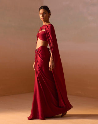 Maroon draped sari and blouse