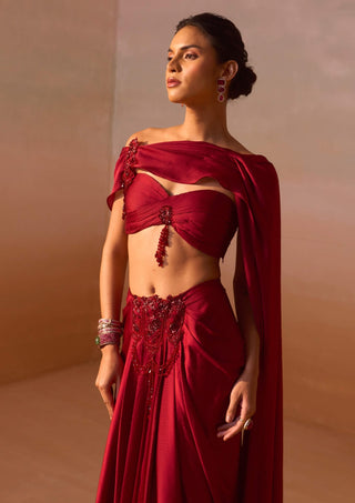 Maroon Draped Sari And Blouse by Nitika Gujral, available on Indiaspopup.com