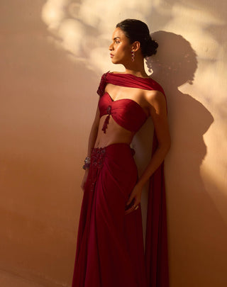 Maroon Draped Sari And Blouse by Nitika Gujral, available on Indiaspopup.com