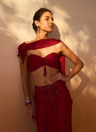 Maroon Draped Sari And Blouse by Nitika Gujral, available on Indiaspopup.com