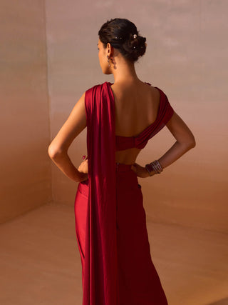 Maroon draped sari and blouse