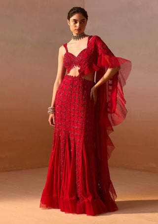 Red Heavy Draped Sari Set by Nitika Gujral, available on Indiaspopup.com