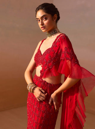 Red Heavy Draped Sari Set by Nitika Gujral, available on Indiaspopup.com