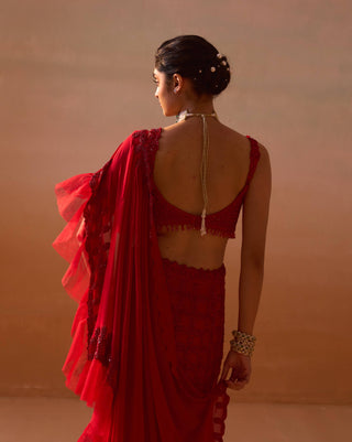 Red Heavy Draped Sari Set by Nitika Gujral, available on Indiaspopup.com