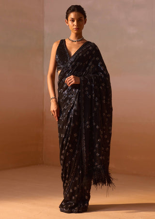 Black and silver grey geometrical sari set