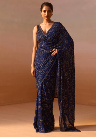 Navy Blue Geometric Sari Set by Nitika Gujral, available on Indiaspopup.com