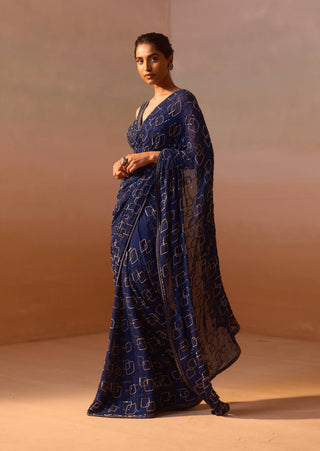 Navy blue geometric sari set