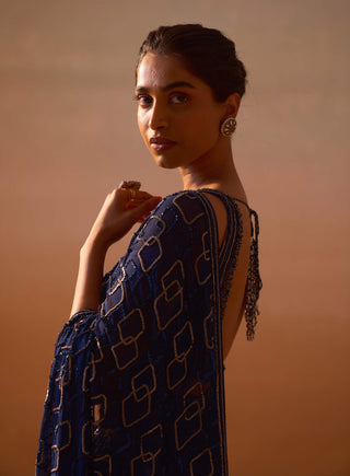 Navy Blue Geometric Sari Set by Nitika Gujral, available on Indiaspopup.com