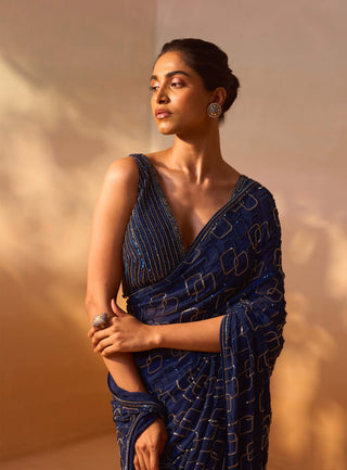 Navy Blue Geometric Sari Set by Nitika Gujral, available on Indiaspopup.com