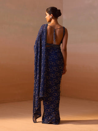 Navy Blue Geometric Sari Set by Nitika Gujral, available on Indiaspopup.com