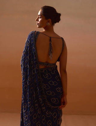 Navy blue geometric sari set