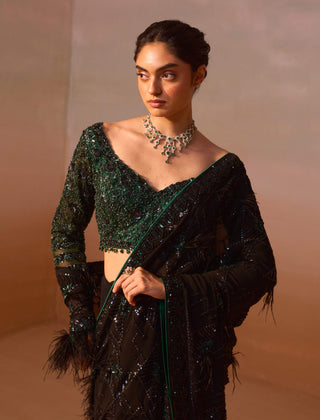 Black and green georgette sari set