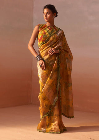 Yellow Printed Organza Sari And Blouse by Nitika Gujral, available on Indiaspopup.com