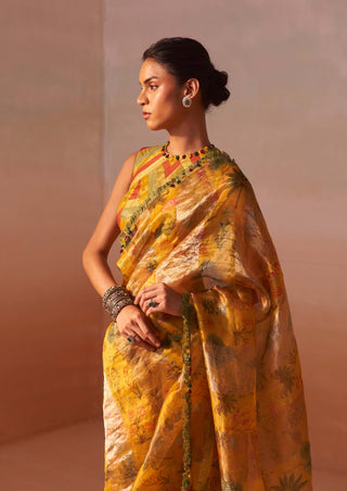 Yellow printed organza sari and blouse