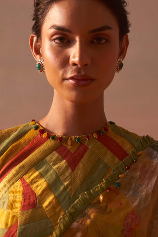 Yellow printed organza sari and blouse