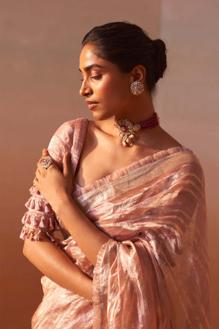 Rose Pink Organza Tissue Sari And Blouse by Nitika Gujral, available on Indiaspopup.com