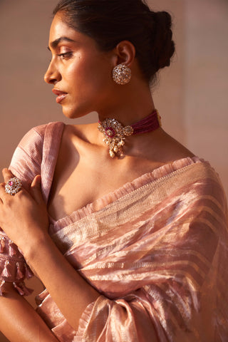 Rose Pink Organza Tissue Sari And Blouse by Nitika Gujral, available on Indiaspopup.com