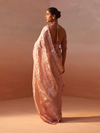 Rose Pink Organza Tissue Sari And Blouse by Nitika Gujral, available on Indiaspopup.com