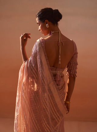 Rose Pink Organza Tissue Sari And Blouse by Nitika Gujral, available on Indiaspopup.com