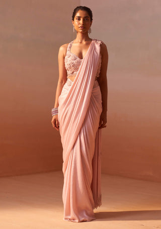 Rose Pink Draped Sari And Blouse by Nitika Gujral, available on Indiaspopup.com