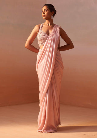 Rose Pink Draped Sari And Blouse by Nitika Gujral, available on Indiaspopup.com