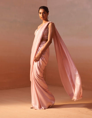 Rose Pink Draped Sari And Blouse by Nitika Gujral, available on Indiaspopup.com